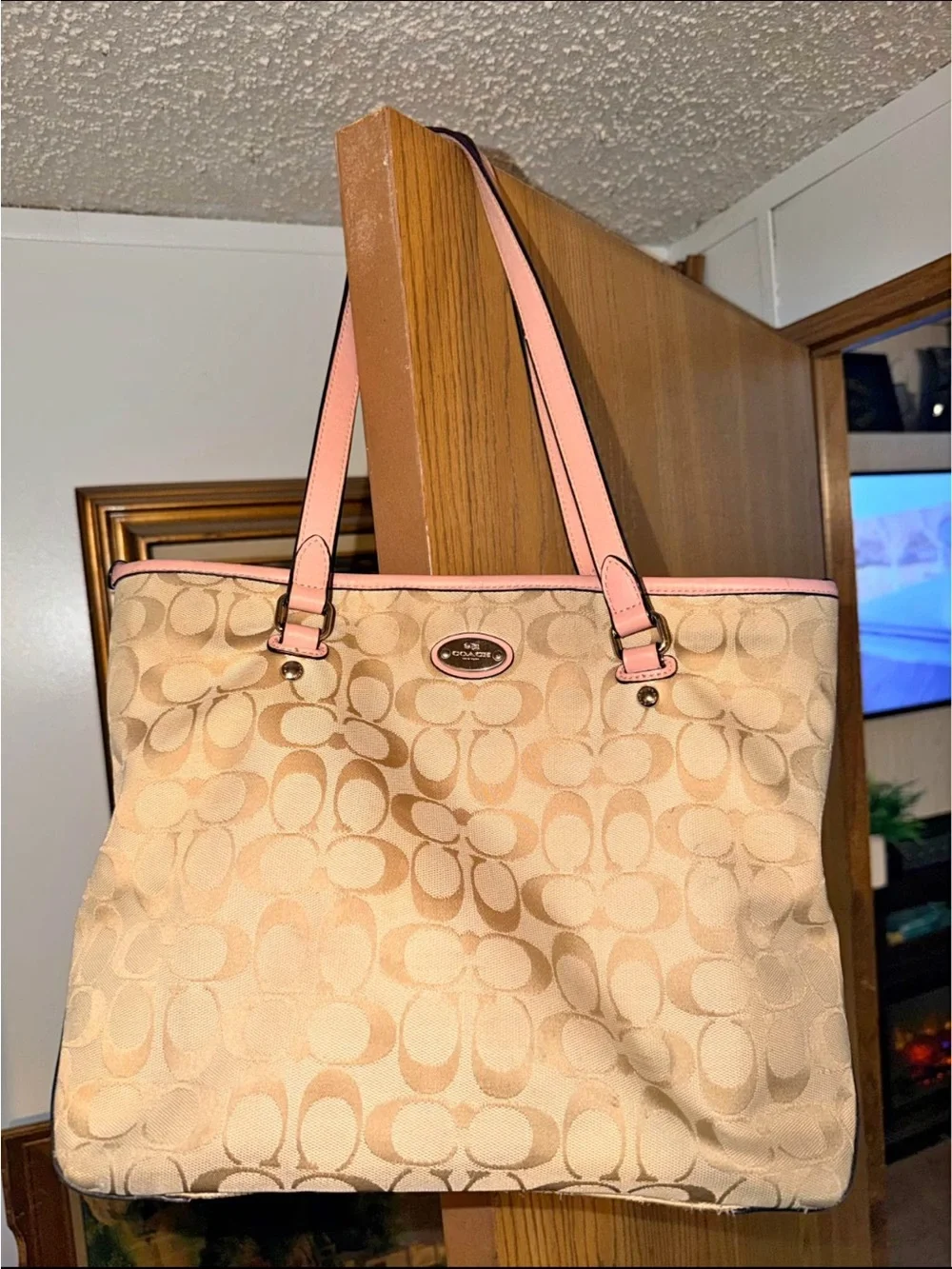 Coach Signature Canvas Tote with Pink Trim and Straps